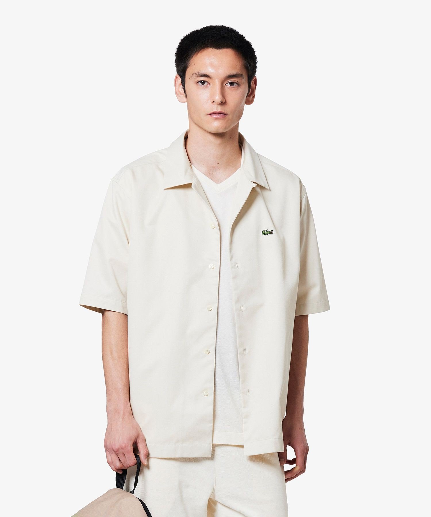 Рубашка с открытым воротником из смесовой шелковой ткани LACOSTE, Off white