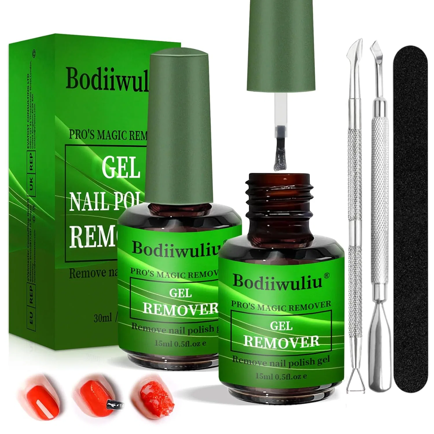 Набор для снятия гель-лака, 2 флакона по 15 мл Bodiiwuliu, Green (Green 1)
