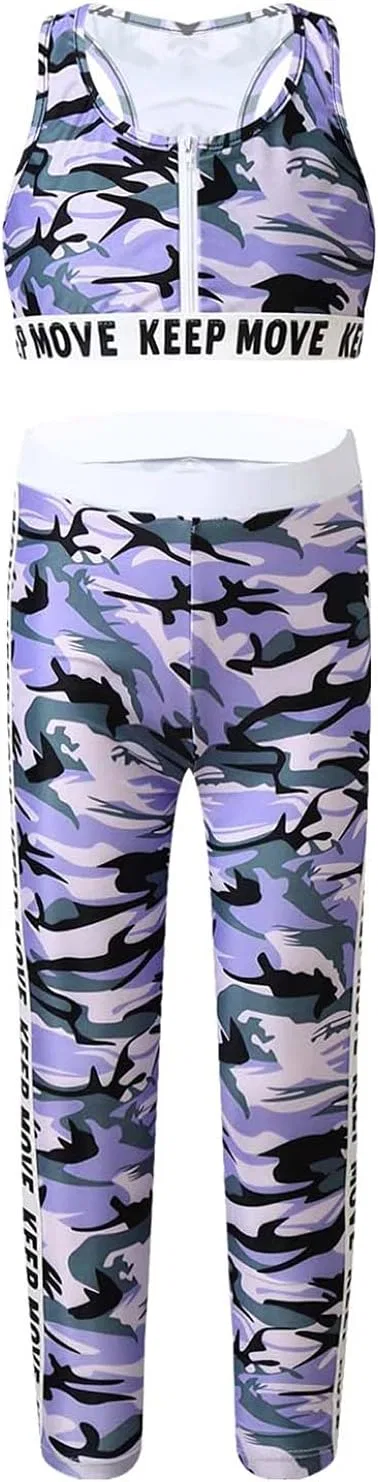 Спортивный костюм для девочек из топа и леггинсов Moggemol, Zipper-purple-camo