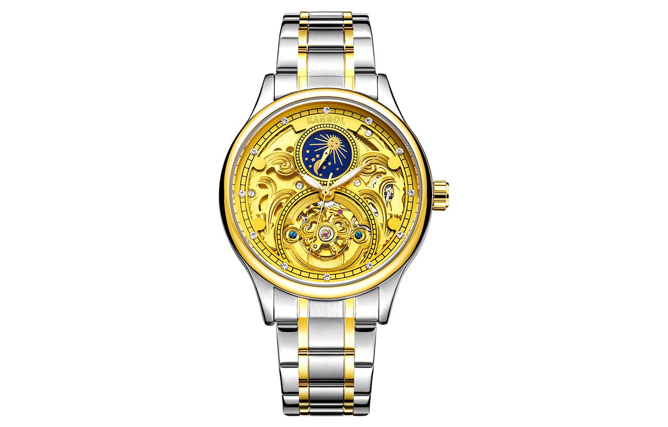 

KANGOL Часы Prestige Collection Mechanical Movement Metal Strap Watch Men's Watch Cut-Out Dial -K116, Sun and Moon Full Gold