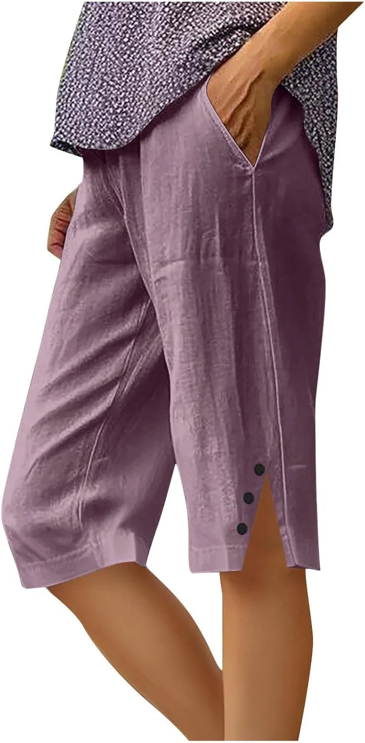 Шорты бермуды женские из хлопка и льна, Purple