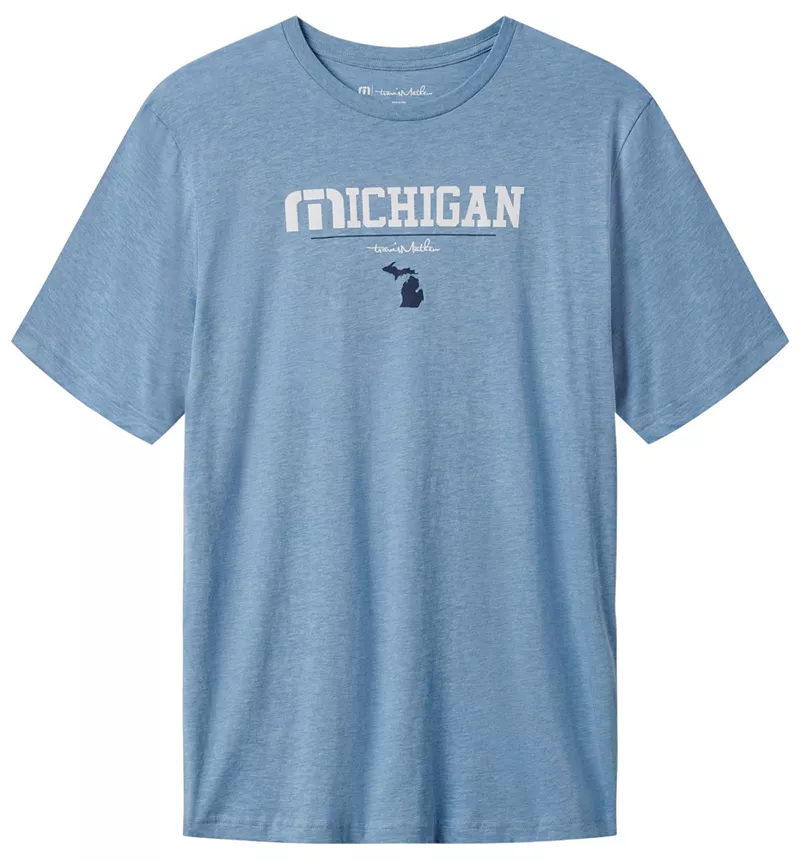 

Мужская футболка для гольфа TravisMathew Mackinac 2.0 MI State с графическим рисунком, цвет Heather Allure