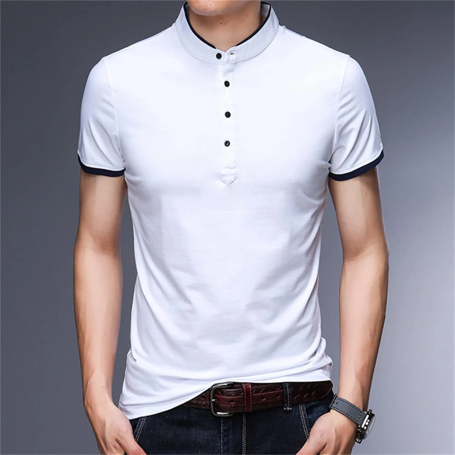 Футболка Slim Mock Neck с коротким рукавом и четвертью пуговиц — фото 2