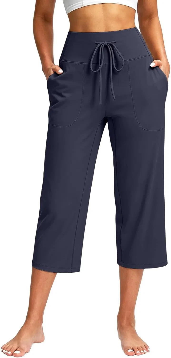 Капри для йоги женские, широкие брюки с карманами, Navy
