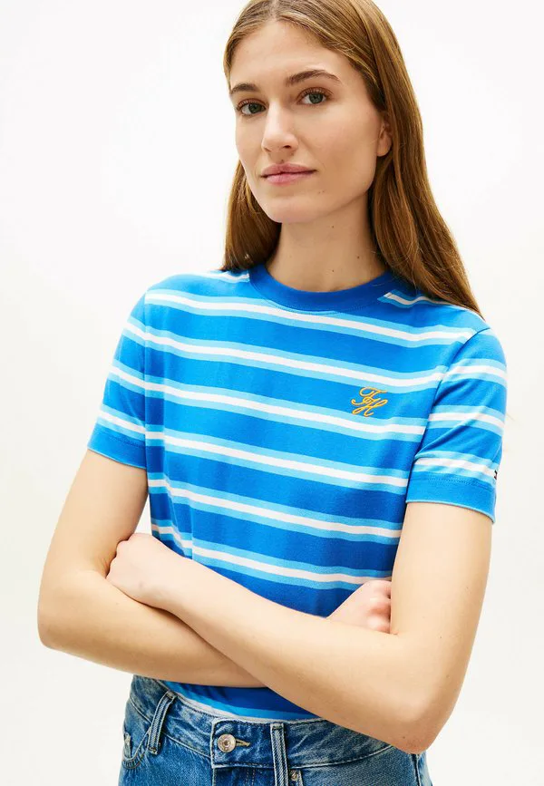 Футболка с вышитым логотипом, круглый вырез, базовая футболка Tommy Hilfiger, Preppy Stripe Blue Orbit — фото 4