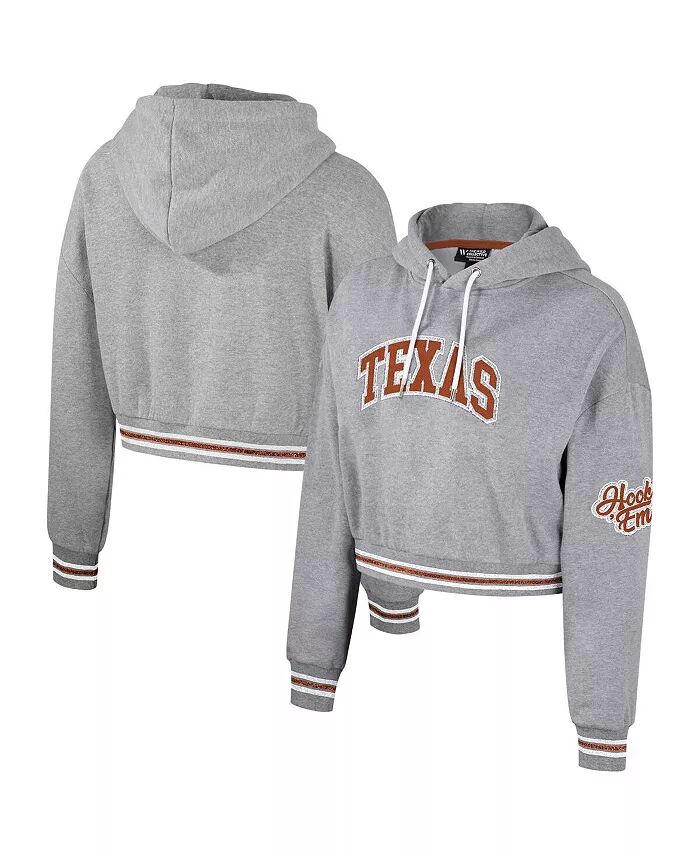 

Женский укороченный толстовка с капюшоном Texas Longhorns цвета серого меланжа с потертостями и блестками The Wild Collective