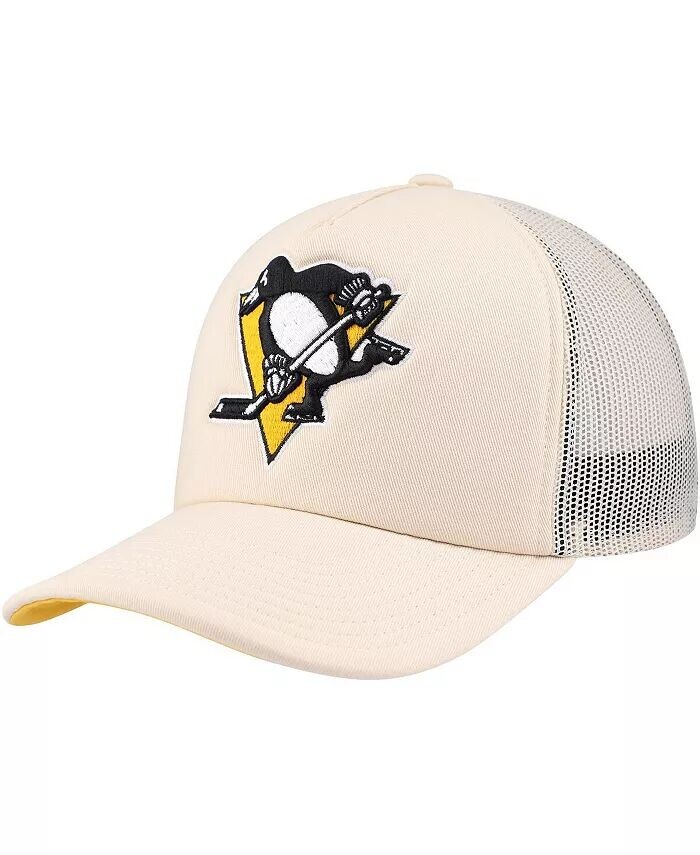 

Мужская кремовая регулируемая шапка Pittsburgh Penguins из пенопласта спереди Trucker Mitchell & Ness, бежевый