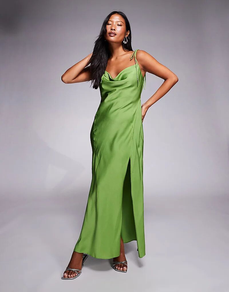 

Платье макси ASOS DESIGN Petite из атласа с завязками на бретелях и разрезом зеленого цвета Asos Petite