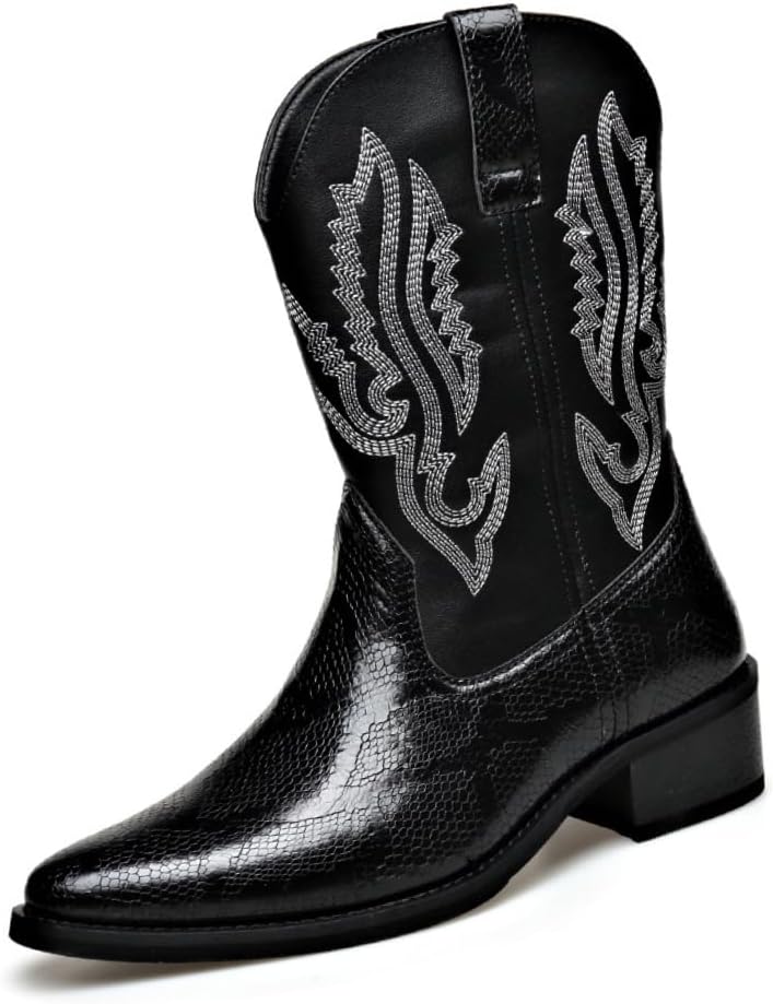 

Мужские западные ковбойские сапоги, искусственная кожа с узором под зминую кожу, вышитый дизайн, короткая длина голенища, округлый носок Gnvkxeu, черный