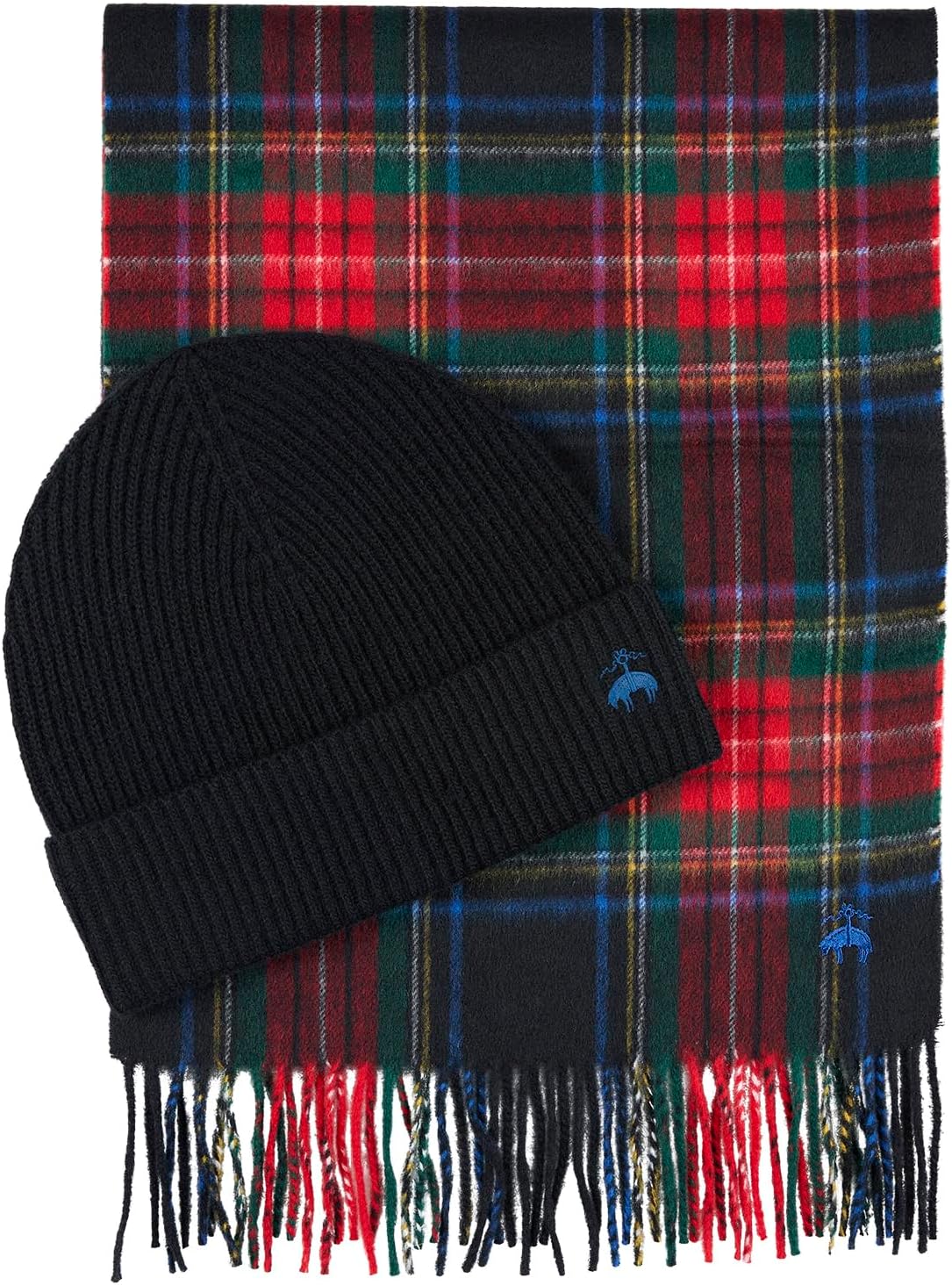 

Подарочный набор Brooks Brothers: фирменный шерстяной и кашемировый плетеный шарф и вязаная шапка в рубчик для мужчин - роскошный зимний подарок, Black Hat/Black-Blue Plaid Scarf