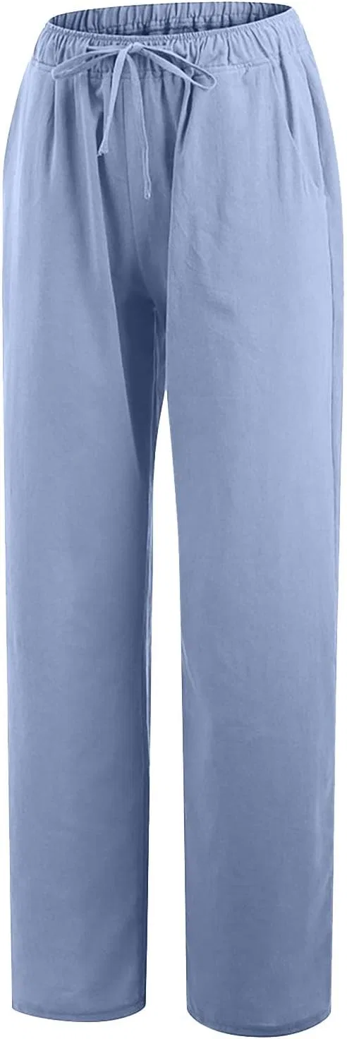 Штаны палаццо из хлопка и льна, свободные, с карманами, light blue — фото 4