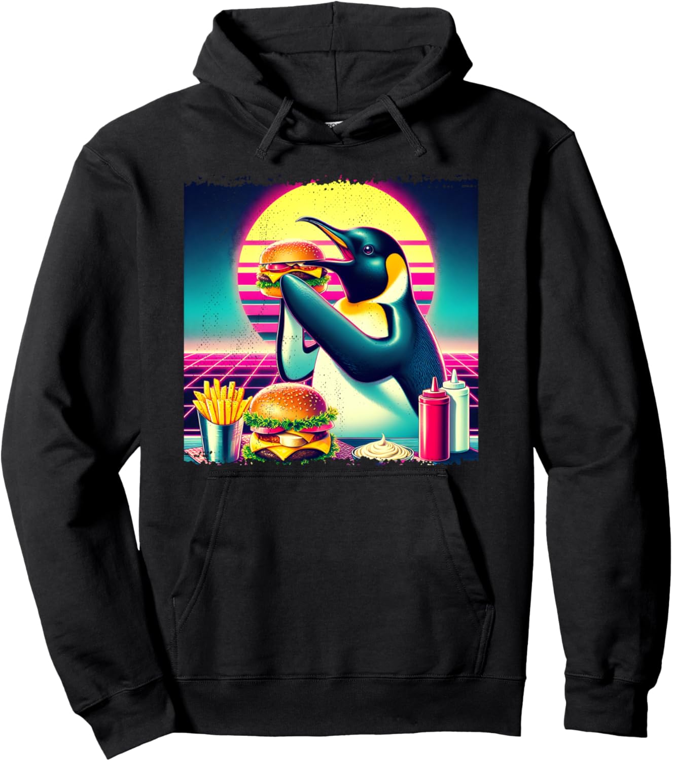 

Винтажная толстовка с изображением пингвина на закате, наслаждающегося чизбургером и картошкой фри Vintage Sunset 80'S Penguin Collection, черный