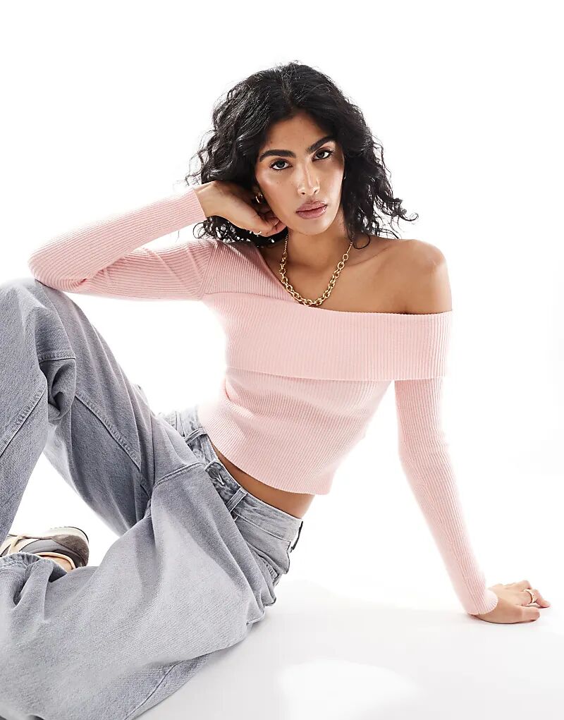 

Асимметричный трикотажный топ с длинными рукавами розового цвета Miss Selfridge