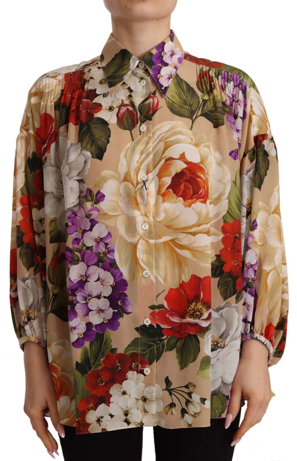 

Элегантный шелковый топ с длинными рукавами и цветочным принтом Dolce & Gabbana, бежевый цветочный узор