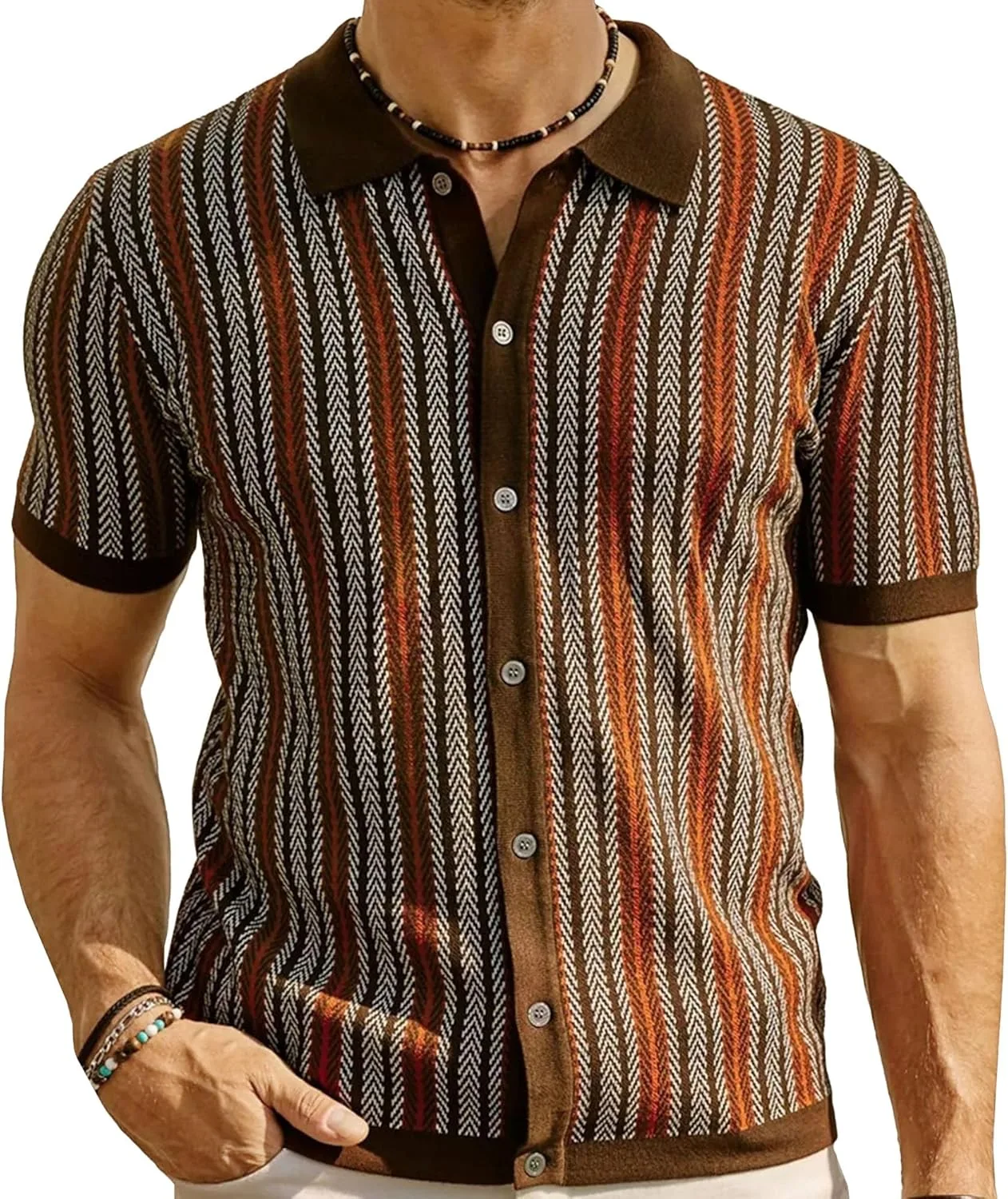 

Мужская джерси полосатая рубашка на пуговицах в стиле 70-х VgueElegc