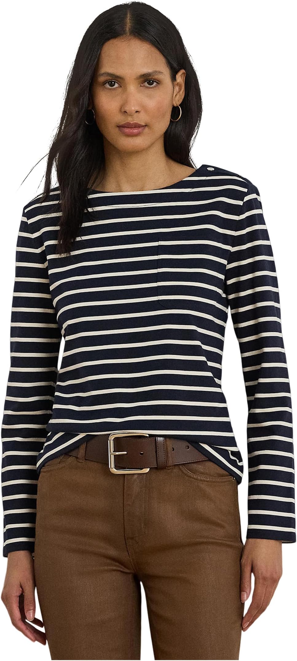 

Топ Lauren Ralph Lauren Petite Striped Jersey Snap-Trim Boatneck Top, цвет Lauren Navy/Mascarpone Cream