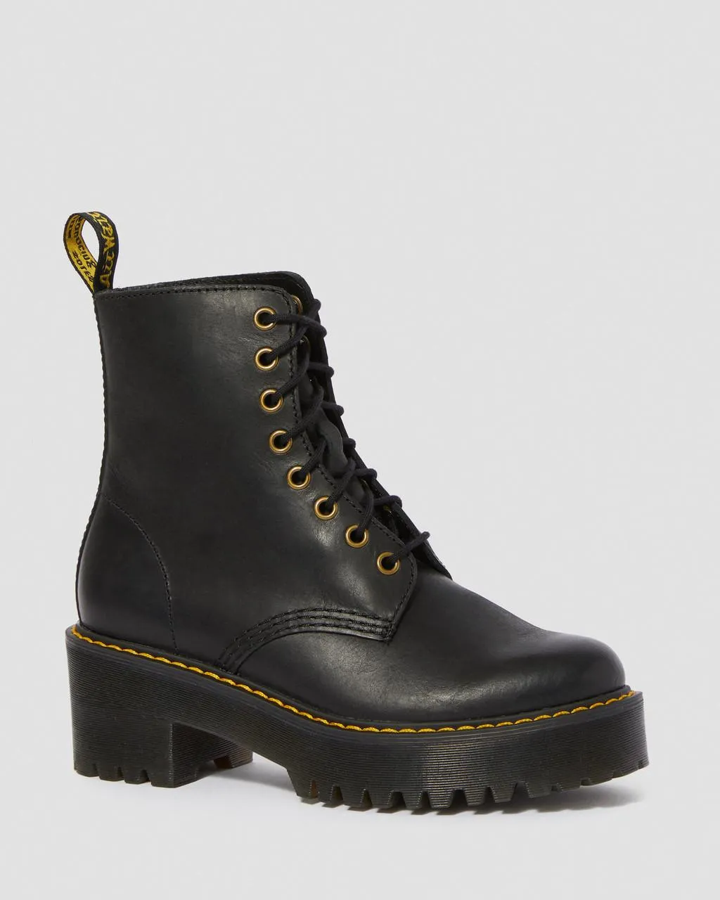 

Женские кожаные ботинки на каблуке Dr. Martens Shriver Hi в стиле Вайоминг, цвет Black — Burnished Wyoming