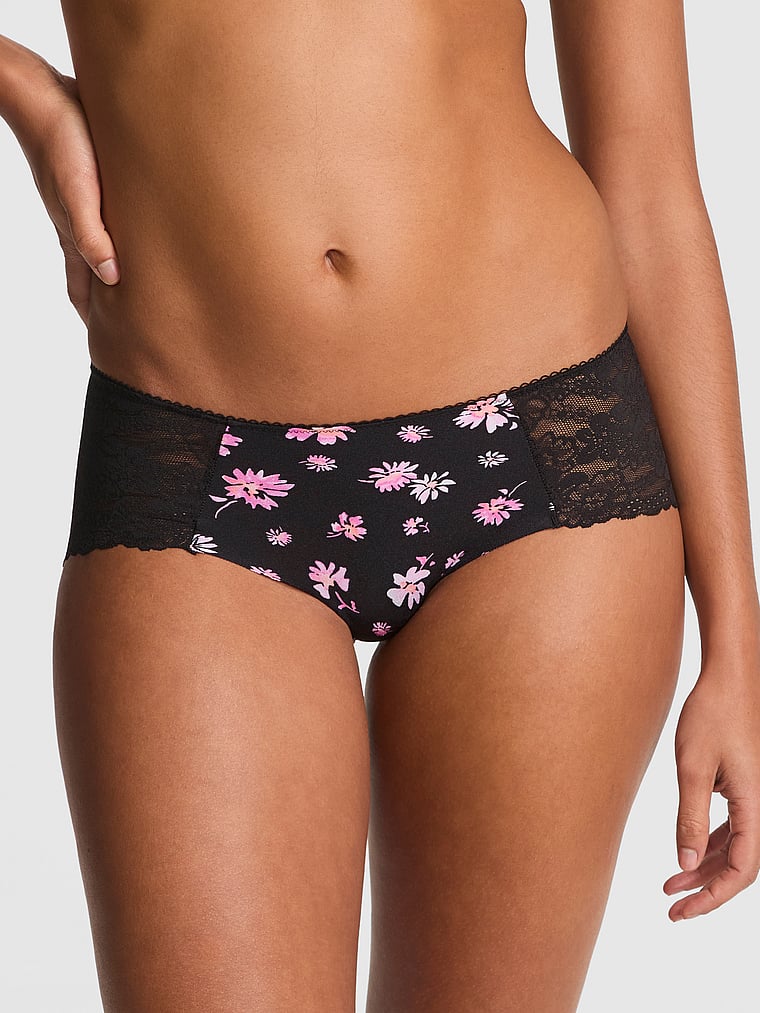 

Трусики-Хипхаггеры No-Show Pink, lace-trim black floral print
