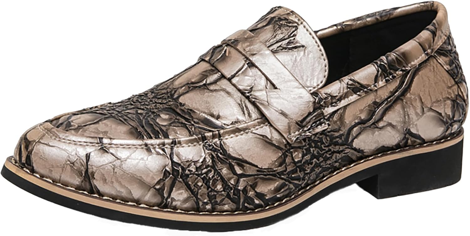 

Мужские кожаные лоферы с принтом, массивным каблуком, классическим круглым носком, без шнурков, с мягкой подошвой, комфортные, для вечеринок, свадьбы, работы и повседневной носки Qeosnbx, золотой