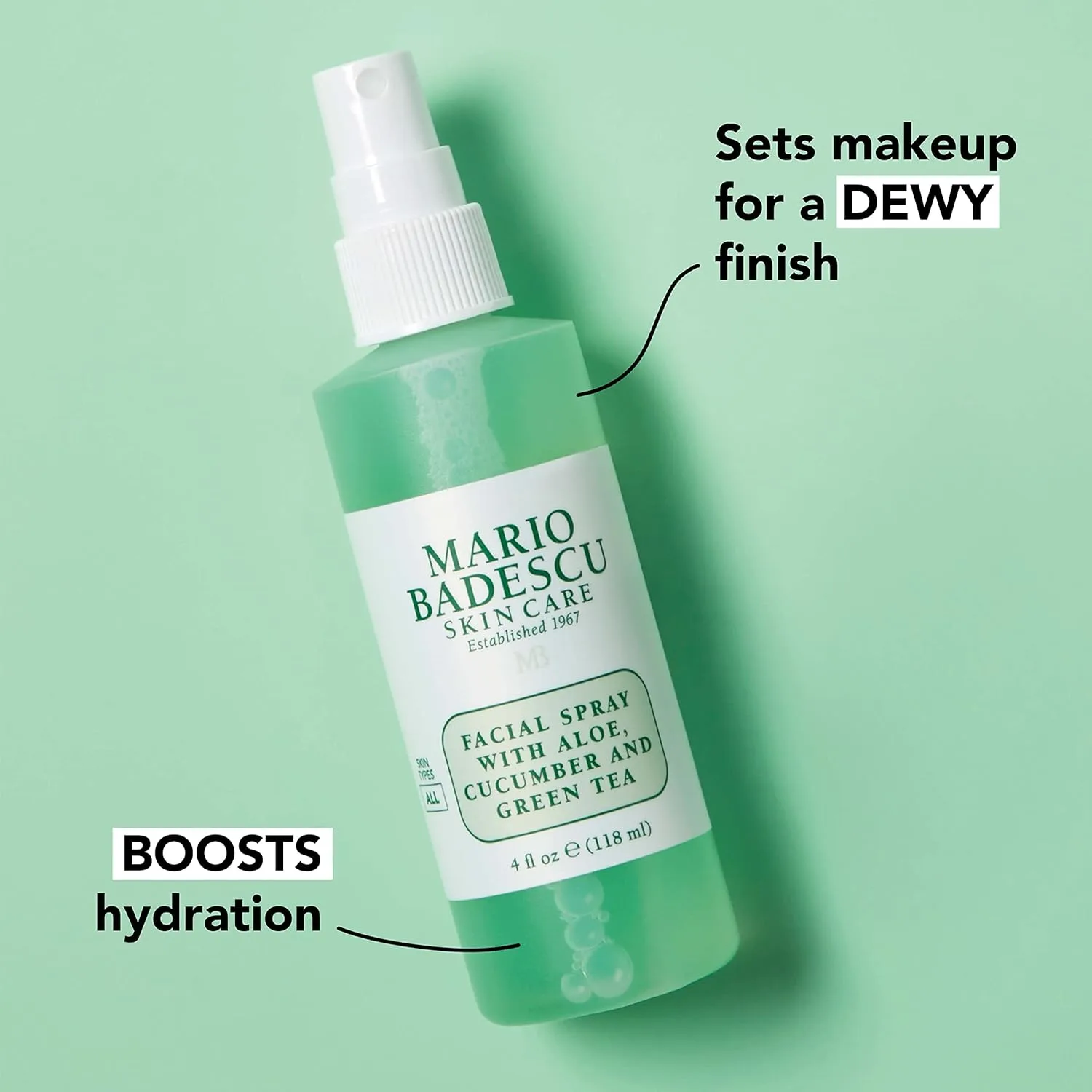 Спрей для лица Mario Badescu с алоэ, огурцом и зеленым чаем подходит для всех типов кожи, увлажняет и тонизирует. 1 штука (1 шт.), Green — фото 3
