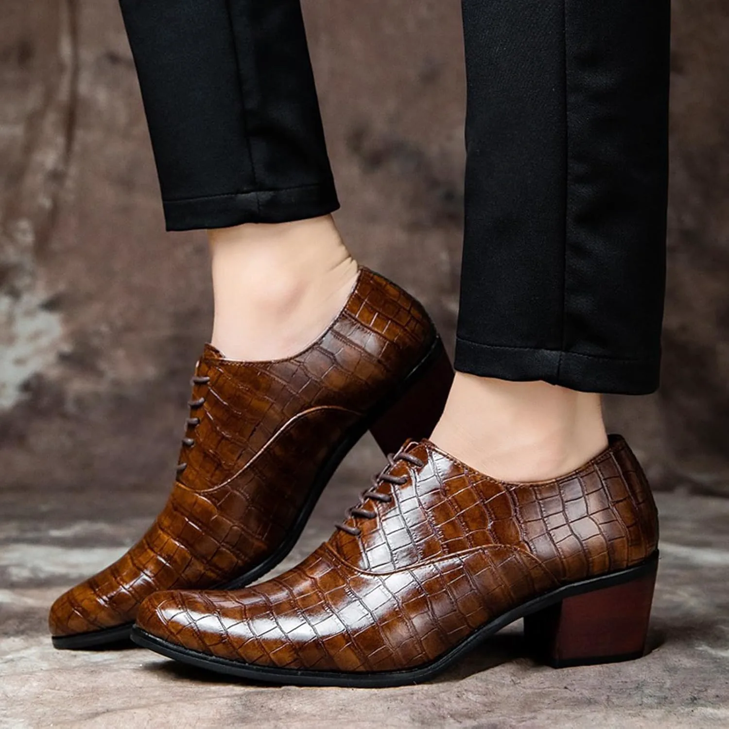 Мужская обувь Oxford Pattern Stone - массивный каблук, настоящая кожа с заостренным носком, шнуровка для модного бизнеса, официального дерби Zentavi, коричневый — фото 4