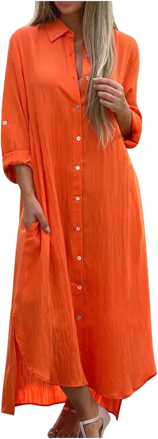 Женское летнее платье 2024 Casual с длинным рукавом Plus Size на пуговицах из хлопка и льна пляжное струящееся макси Generic, оранжевый