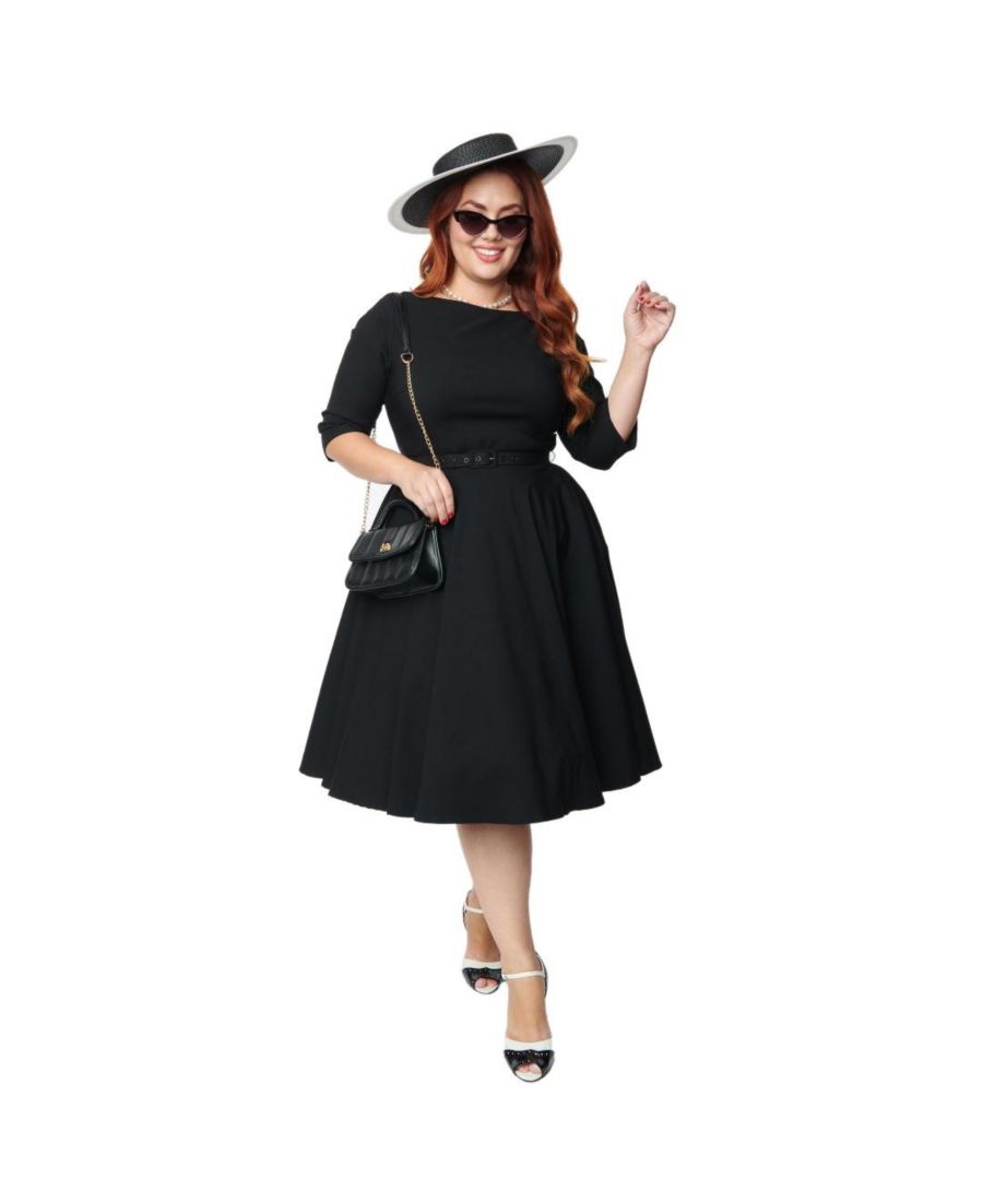 

Платье-трапеция Devon большого размера с рукавами три четверти и поясом Unique Vintage, Black