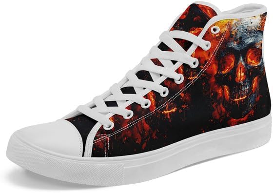 

Высокие кеды AWSOLE с черепом из холщовой ткани для мужчин и женщин, шнуровка, модная унисекс, с рисунком пламени, повседневные плоские туфли, черные и белые