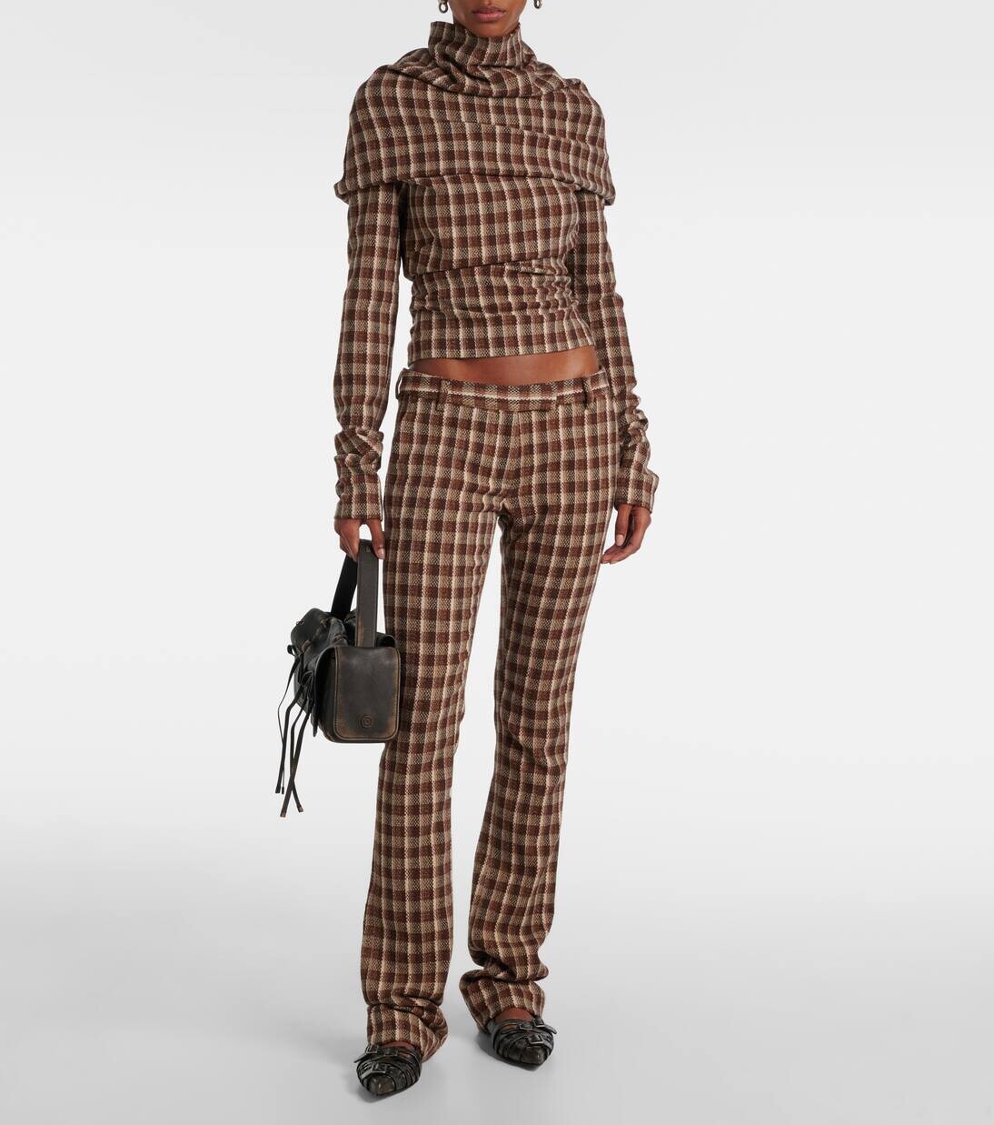 Расклешенные брюки из смеси шерсти и хлопка в клетку Acne Studios, цвет beige/brown — фото 2
