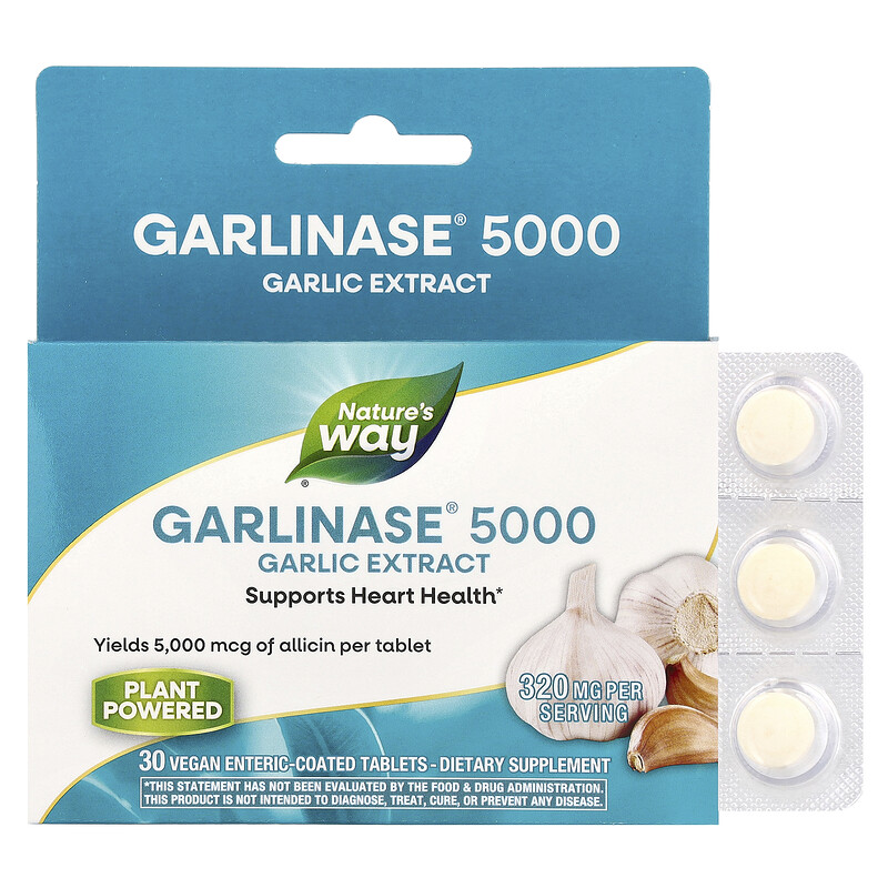 

Nature's Way, Garlinase 5000, экстракт чеснока, 320 мг, 30 веганских таблеток с кишечнорастворимой оболочкой