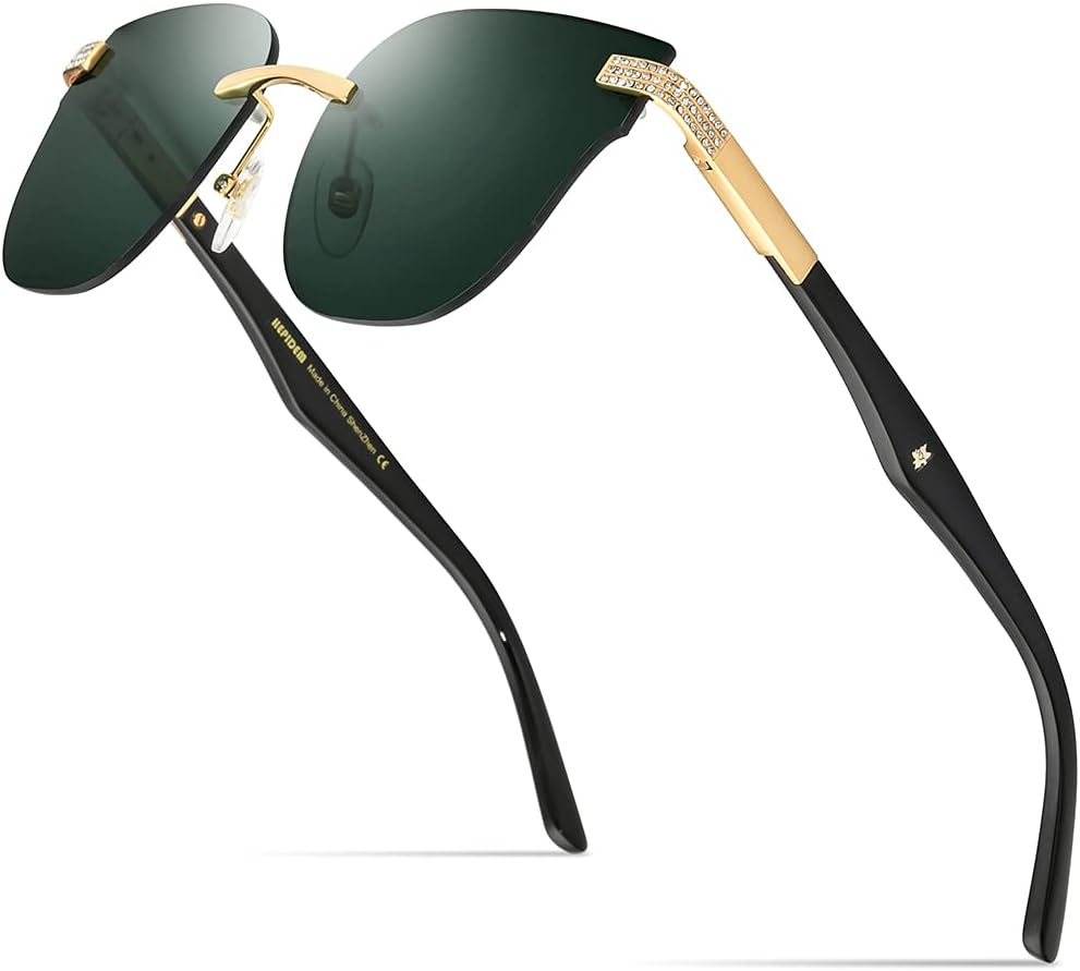 

Солнцезащитные очки HEPIDEM ручной работы из 100% натурального рога буйвола для женщин, квадратные без оправы, роскошные солнцезащитные очки-буффоны с бриллиантами, 0027 Black Frame Dark Green Lens