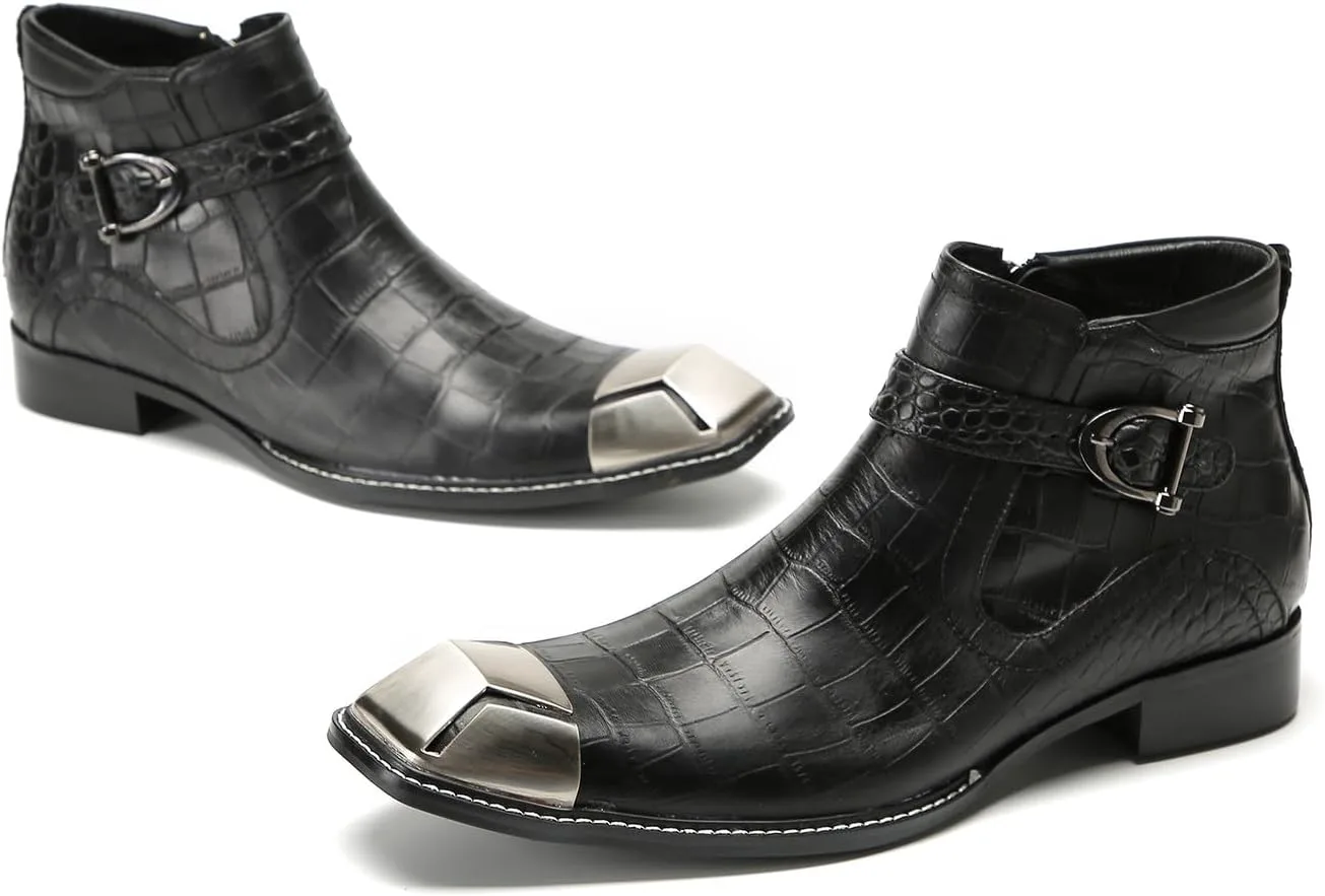 

Мужские повседневные ботинки Chelsea Santimon на щиколотке с металлическим носком - настоящая кожа тисненая под крокодила, вестерн-ковбойские ботинки с ремешком и пряжкой для панк-вечеринок и ночных клубов, черный