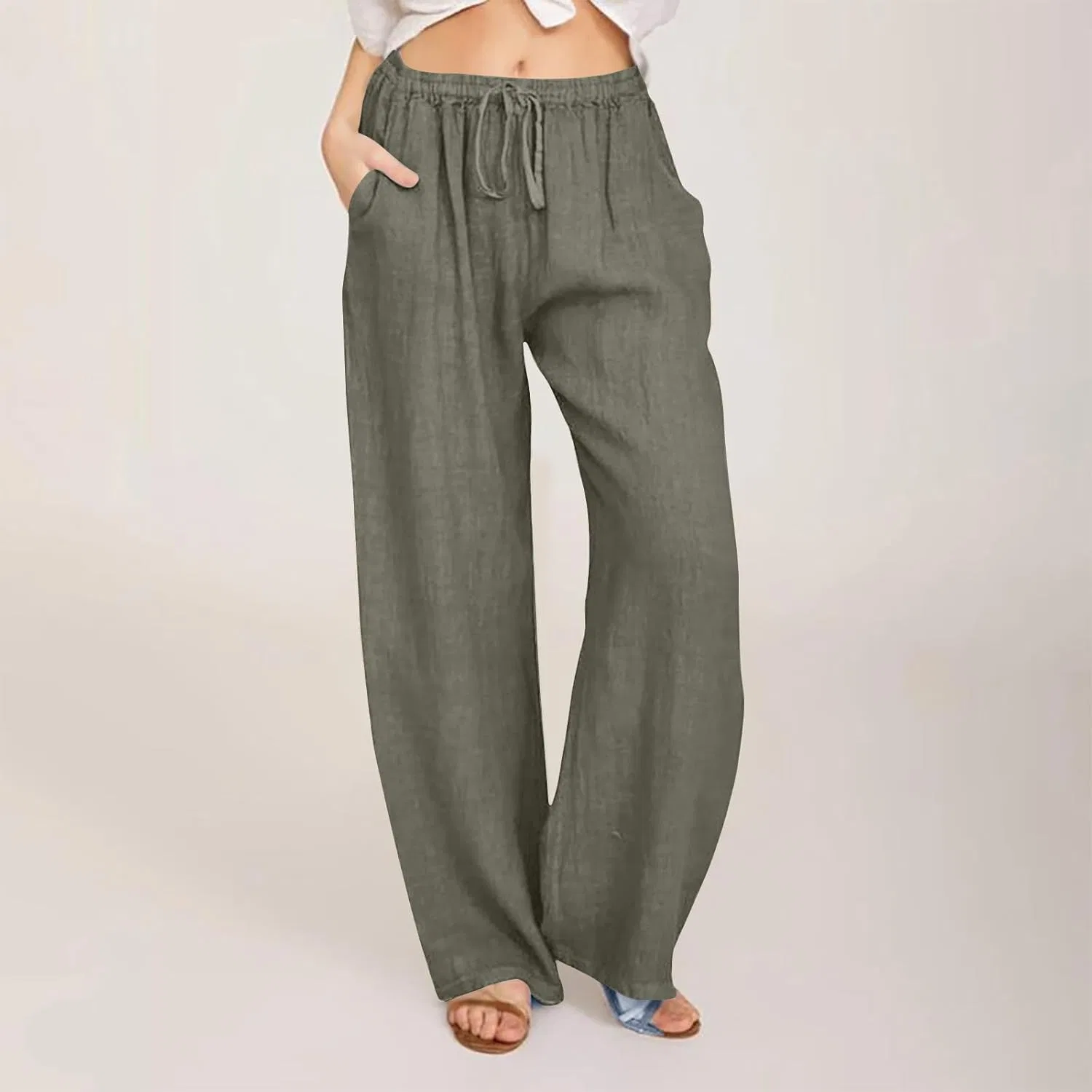 Широкие брюки палаццо женские Cotton Linen, высокие, с карманами, Army Green — фото 2