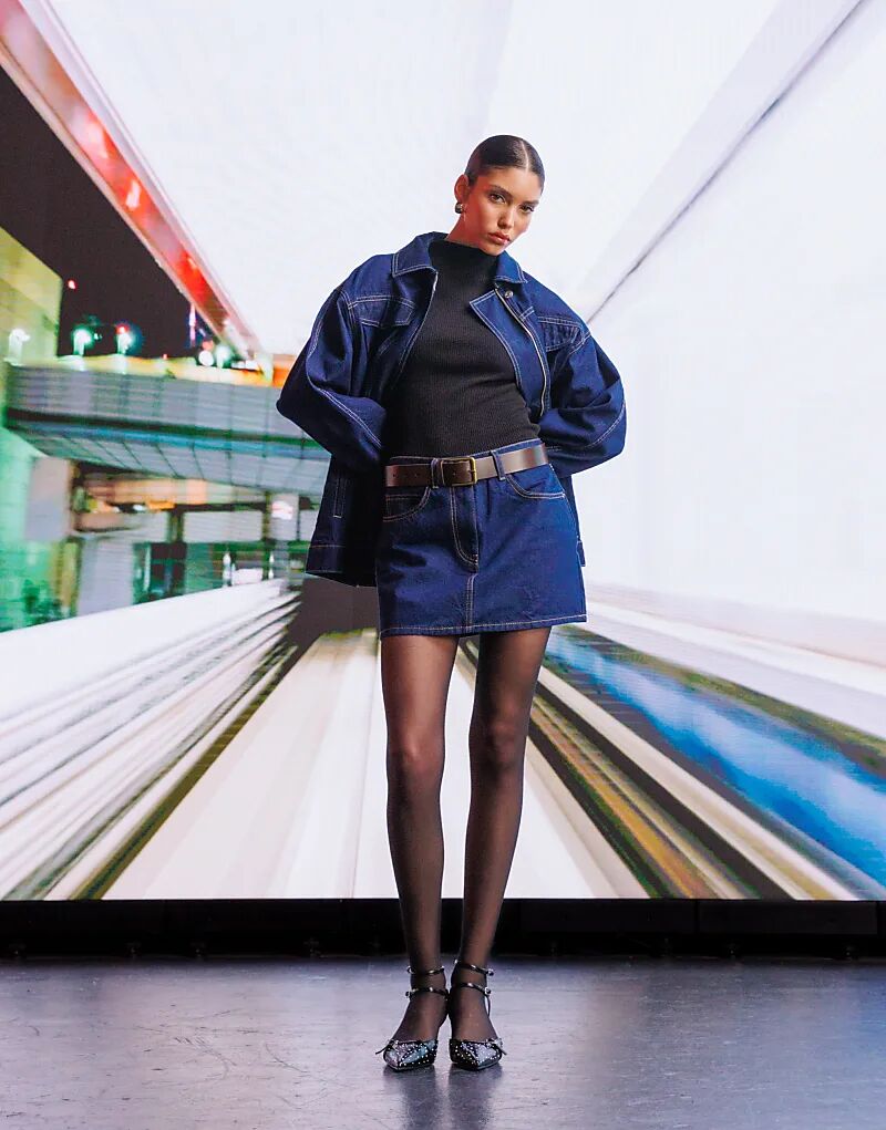 

Джинсовая юбка с ламбрекеном в цвете ASOS DESIGN