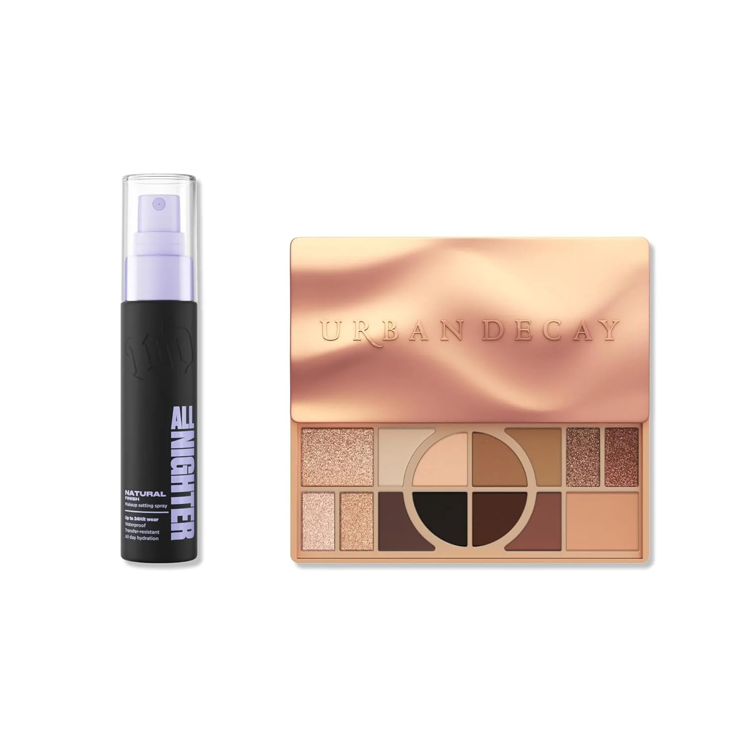 Urban Decay Naked Shaped Warm Palette и спрей-фиксатор Natural Finish Travel Bundle - универсальные нейтральные оттенки и All Nighter Waterproof Setting Spray (30 мл) для стойкого макияжа глаз и лица