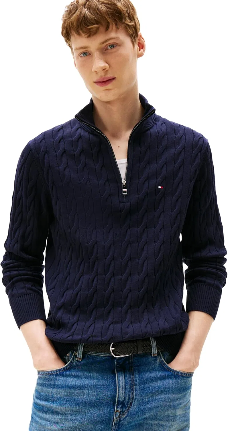 Tommy Hilfiger мужской легкий кабельный пуловер с четвертью молнии, Desert Sky