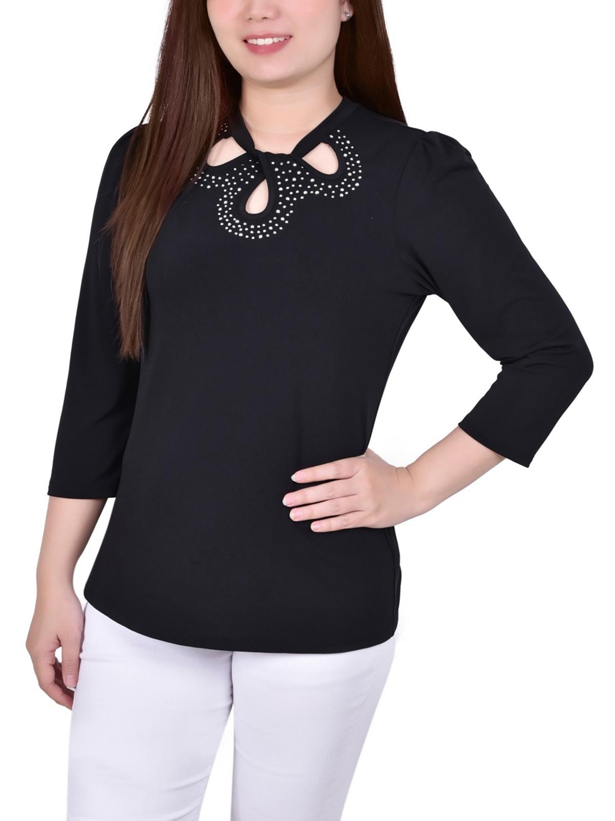 

Женская блузка Petites с декором и воротником-стойкой NY Collection, черный