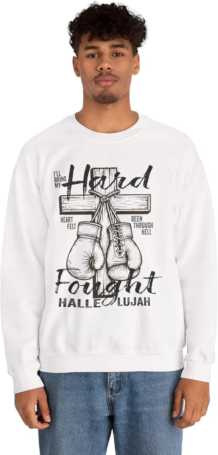 FaithInGraceDesign Толстовка Hard Fought Hallelujah, христианская одежда, одежда веры, свободный крой для мужчин и женщин, белый — фото 2