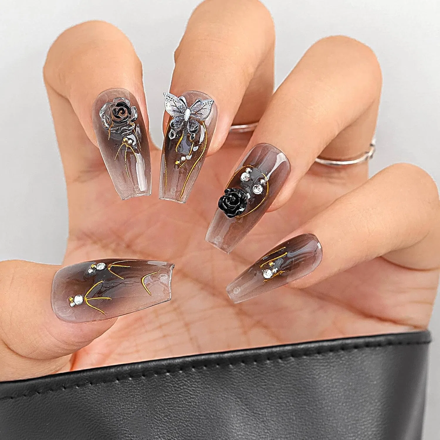 Накладные ногти «Black Gradient Nails Press» с 3D-цветами, 20 шт. Sethexy — фото 2