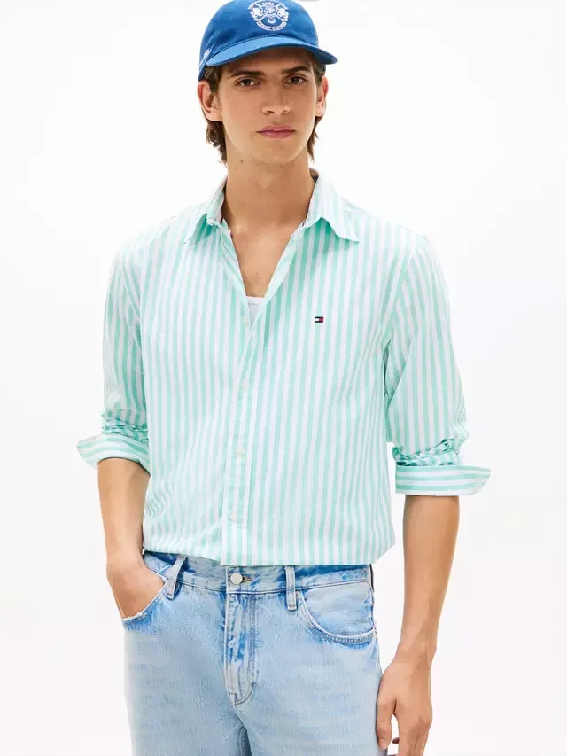 Рубашка в полоску из персикового хлопка Flex стандартного кроя Tommy Hilfiger, Light Green