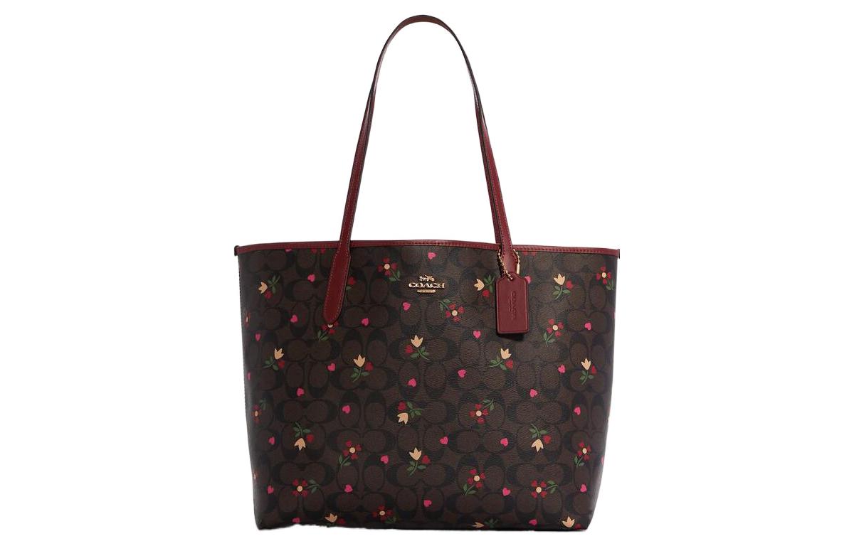 

COACH Городской холст с кожаной сумкой-шоппером через плечо женская коричневая и бордовая