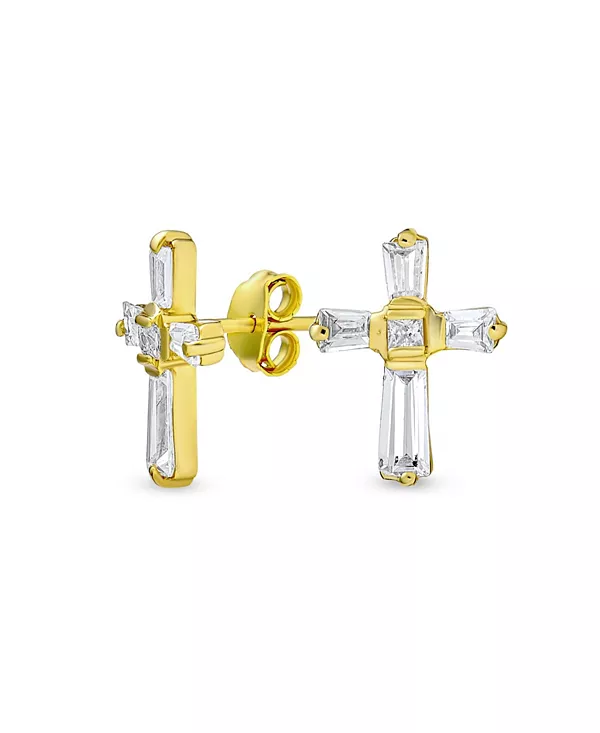 

Серьги-Гвоздики с багетной огранкой и фианитами в форме креста из желтого золота 14 карат Bling Jewelry, gold-tone