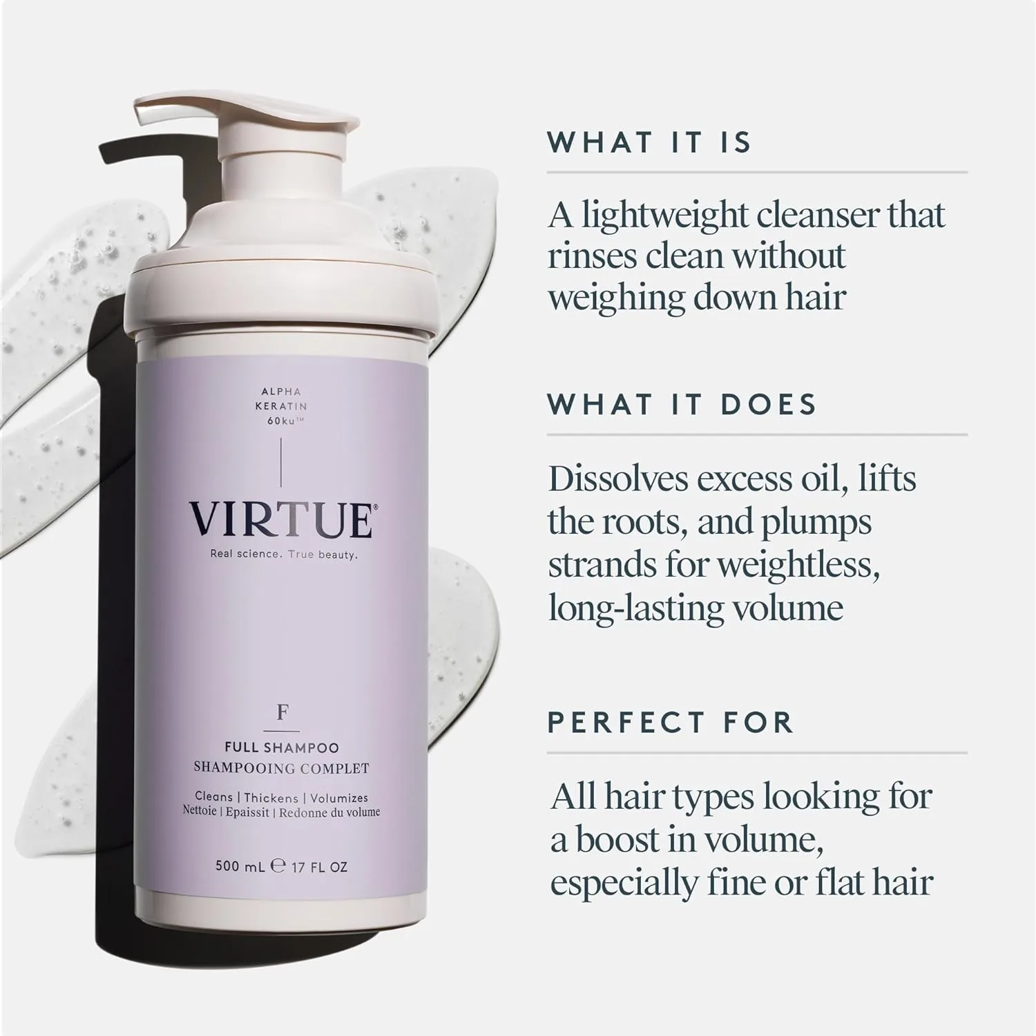 Шампунь Virtue Full Sulfate Free Volumizing Shampoo придает волосам объем, подходит для всех типов волос, безопасен для окрашенных волос. 503 мл (.), white — фото 2