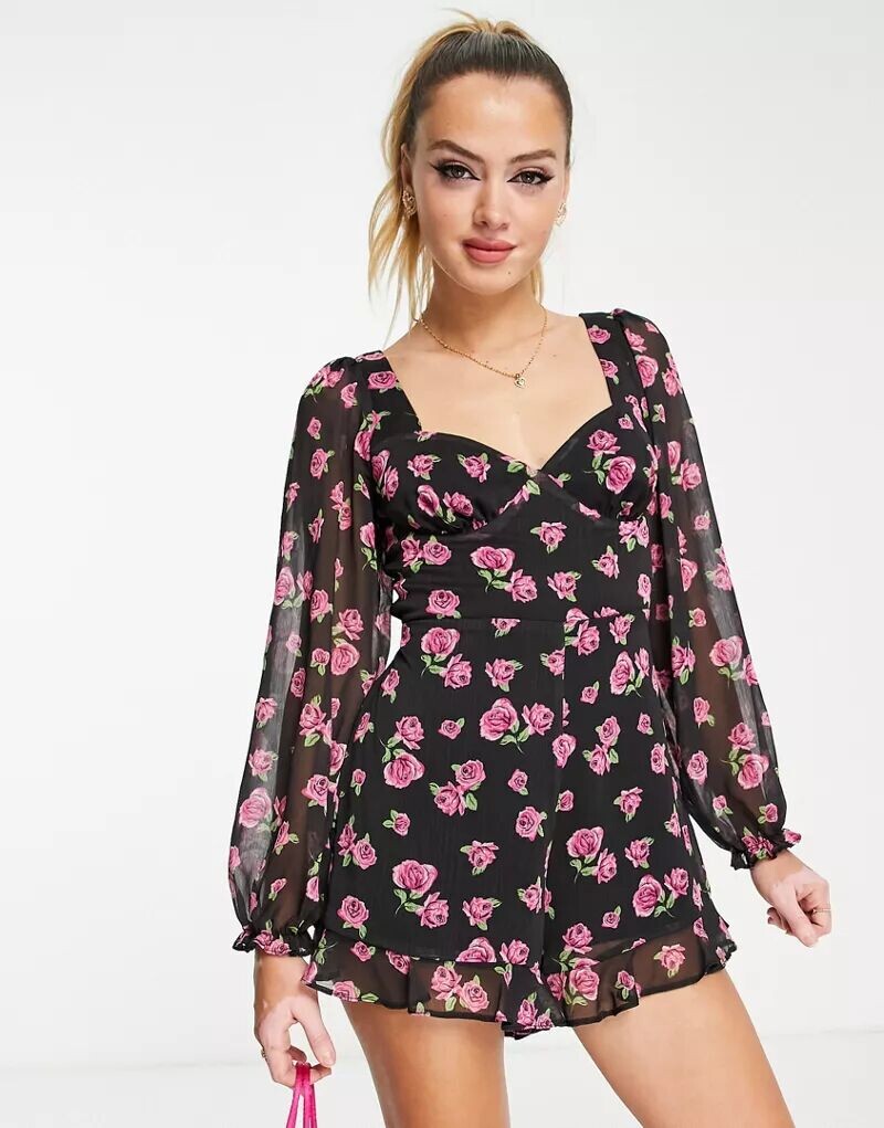

Шифоновый комбинезон с длинными рукавами и декольте Miss Selfridge с принтом роз