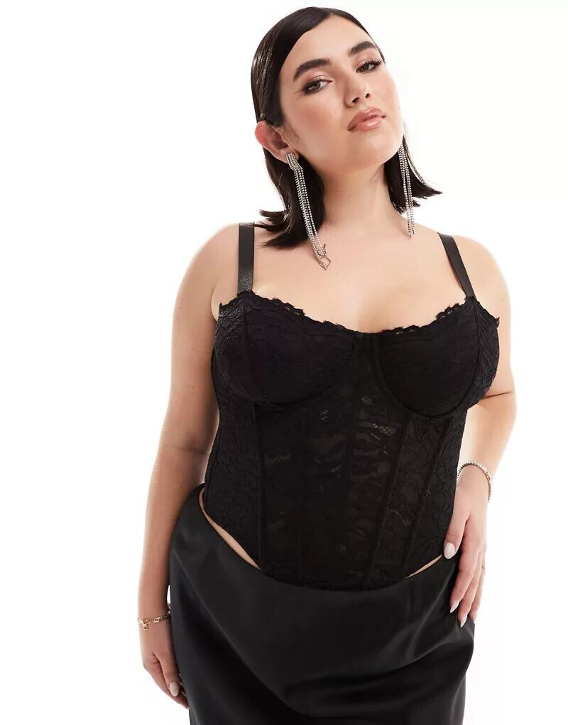 

Черный корсетный топ с кружевом, чашками и косточкой ASOS DESIGN Curve