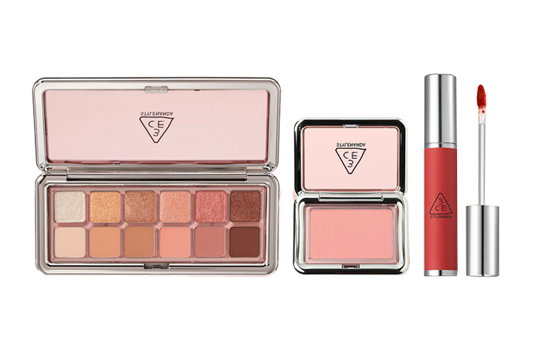 Набор декоративной косметики 3CE: тени для век #Cement Palette + румяна #Pastel Pink + жидкая помада #Cinnamon — фото 2