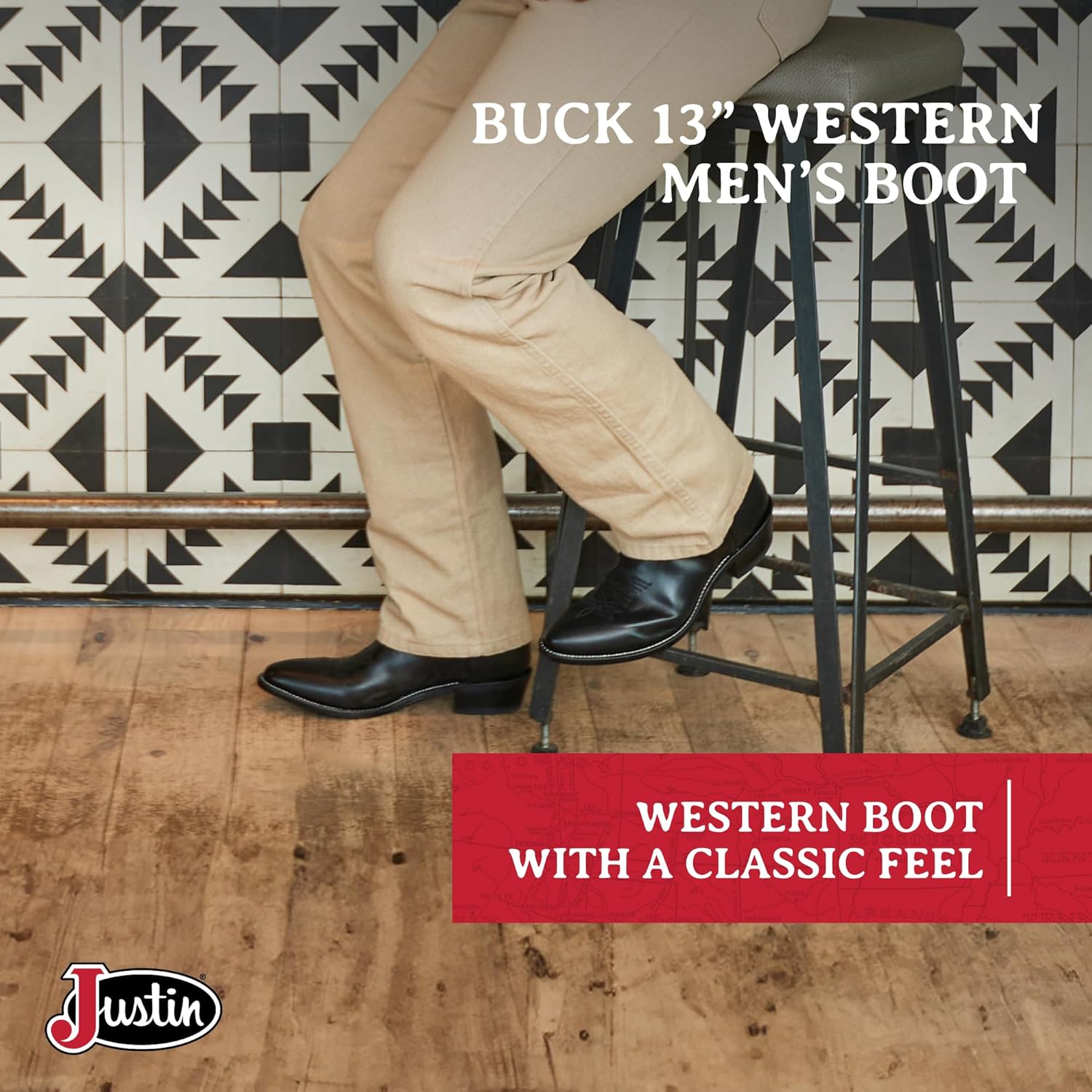 Ковбойские ботинки Justin Buck 13 для мужчин - прочная премиальная кожа полного зерна, носок округлой формы, западный стиль, с амортизирующей стелькой и полной конструкцией welt, черный — фото 2