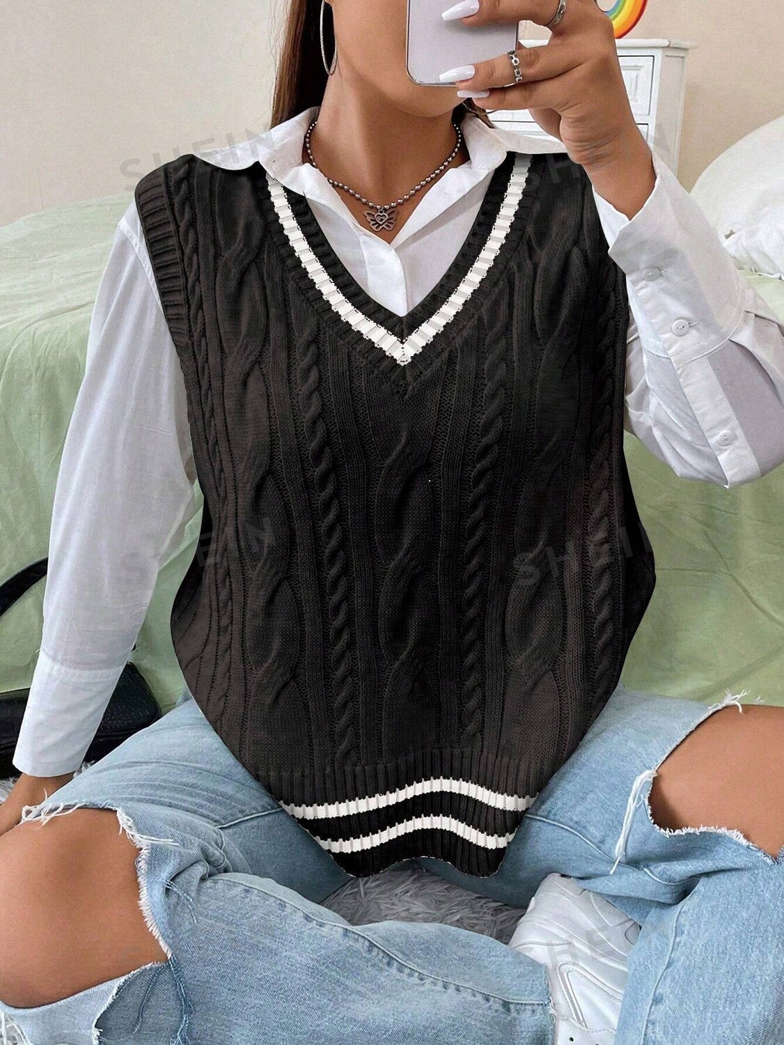 

EZwear Plus Полосатый вязаный жилет-свитер нет блузки Shein, черный