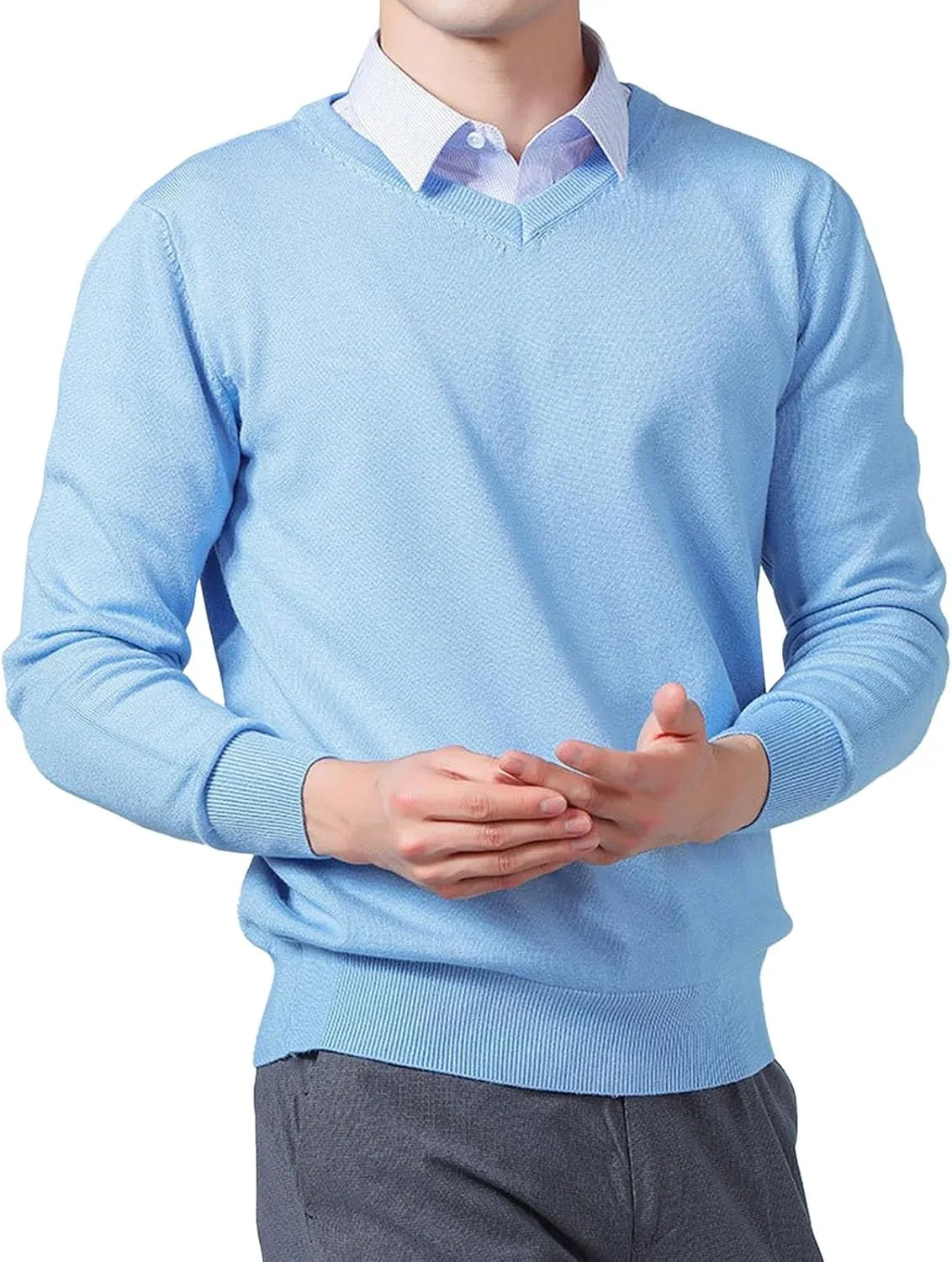 V-образный свитер мужской осенний рифленый трикотаж slim fit с длинным рукавом