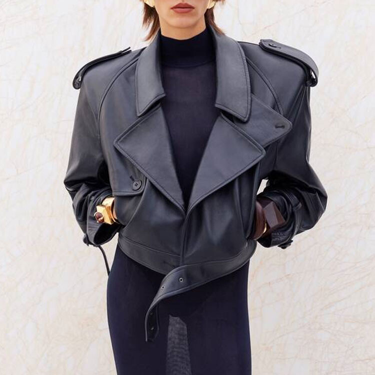 Кожаная куртка женская синяя Saint Laurent — фото 3